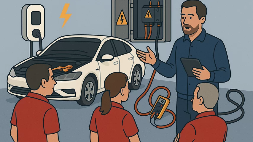 Des adultes en formation autour d’une voiture électrique écoutent un formateur expliquer la sécurité électrique.
