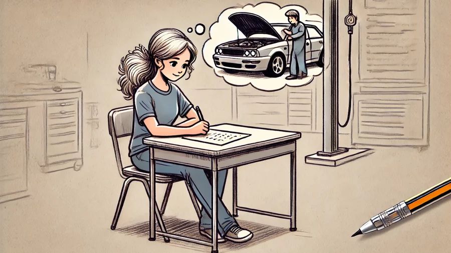 Test d'aptitudes Image illustrant une fille passant un test d'aptitudes et pensant au métier de mécanicien