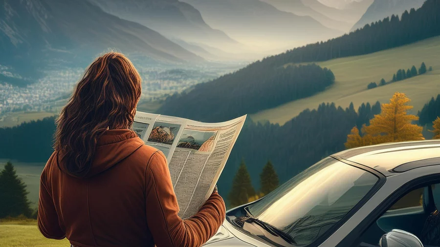 Dame lisant son journal devant sa voiture Une personne lisant un journal de news devant sa voiture sur un paysage jurassien