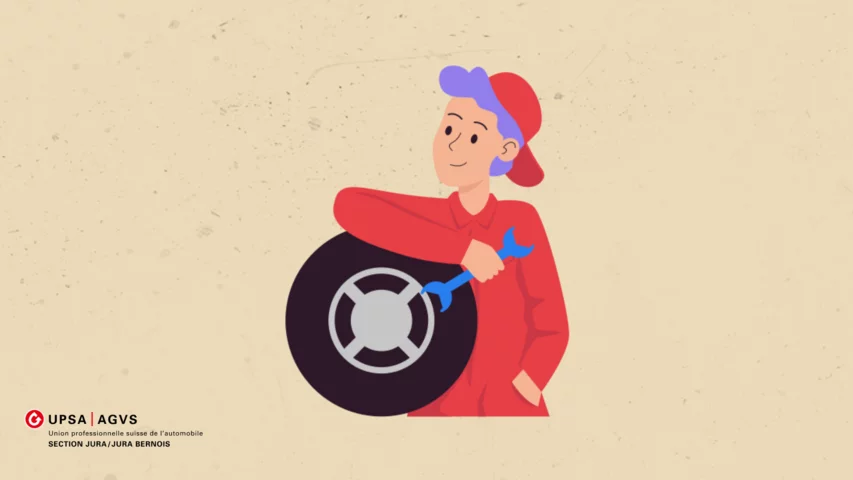 Un mécanicien ou une mécanicienne tenant un outil appuyé sur une roue