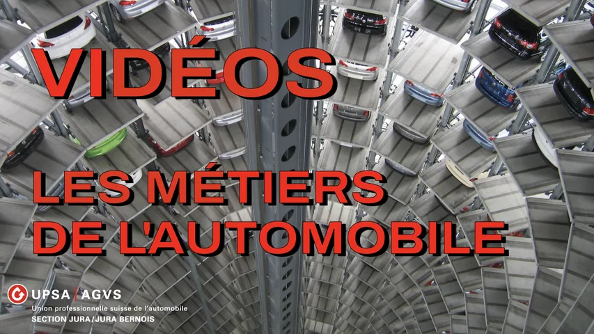C'est une image montrant un parking sur plusieurs étages avec un texte disant "vidéos, les métiers de l'automobile". 
