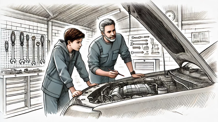 Stage dans le domaine de l'automobile Un jeune apprenant la mécanique lors d'un stage dans un garage