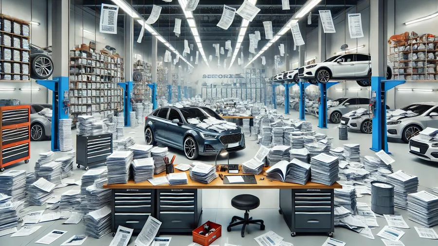 documentation dans un garage auto Des piles de documents dans un garage