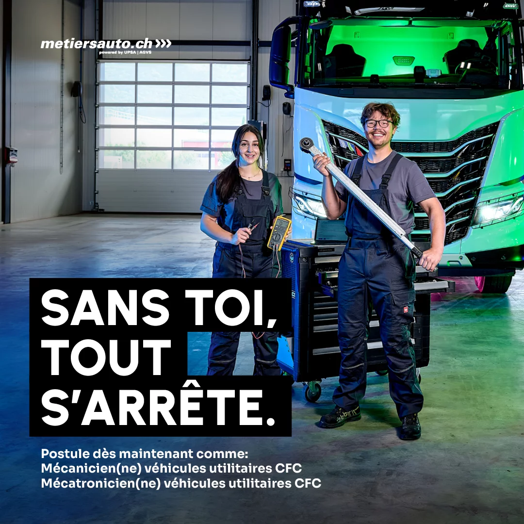 Publication pour les r&eacute;seaux sociaux destin&eacute;e aux professions de m&eacute;canicien(ne) v&eacute;hicules utilitaires CFC et m&eacute;catronicien(ne) v&eacute;hicules utilitaires CFC. Deux personnes en tenue de travail se tiennent devant un camion moderne dans un atelier. Le slogan &laquo;Sans toi, tout s'arr&ecirc;te.&raquo; est mis en &eacute;vidence.